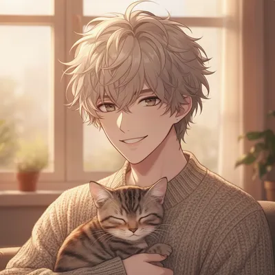Cozy Anime Boy with Cat