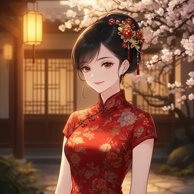 Elegant Anime Girl in Red Qipao