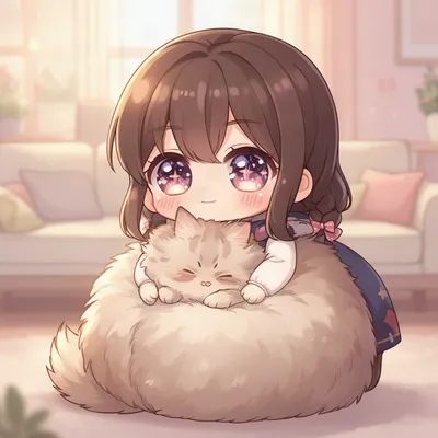 Chibi Girl with Fluffy Cat