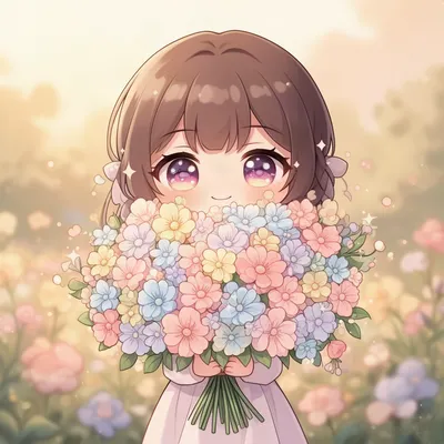 Chibi Girl with Pastel Flowers
