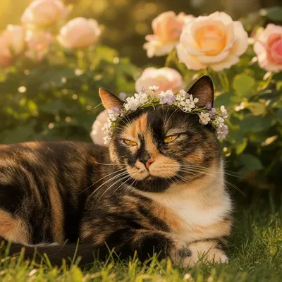 Tortoiseshell Cat with Flower Crown