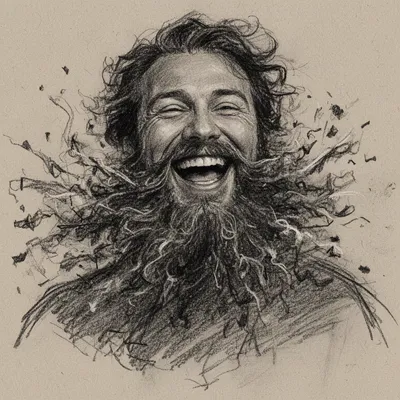 Laughing Bearded Man Charcoal Sketch